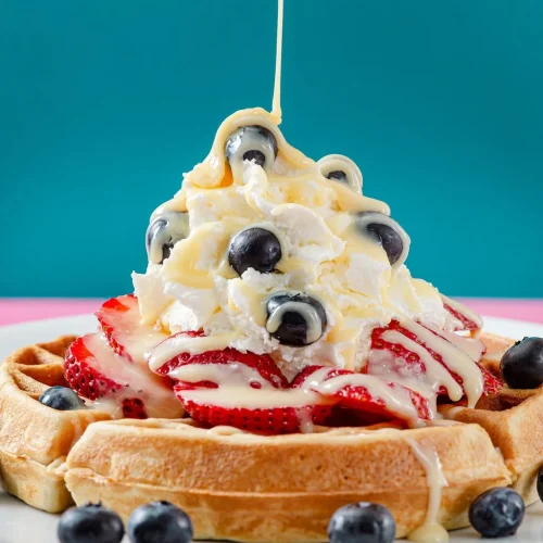 Best breakfast in Aruba with fresh waffles, strawberries, blueberries, and cream at Waffles Beach House
